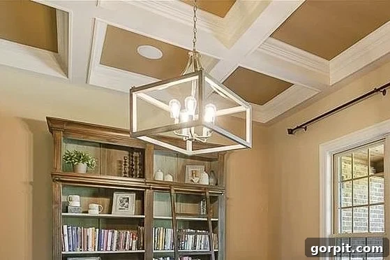 Traditional dining room with an ornate coffered ceiling featuring off-white trim and a contrasting wall color, showcasing the rich architectural detail of the home.
