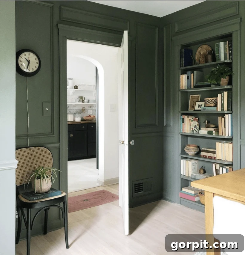 Charming bedroom with soft sage green trim around the window and door, complementing floral wallpaper for a cottage-core aesthetic.