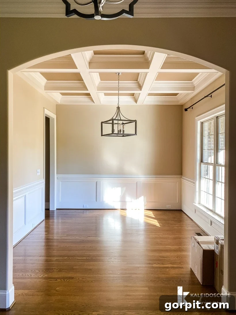 Our New House: The Starting Point Tour Part 1 12 Formal dining room with a detailed coffered ceiling and wainscoting on the walls.