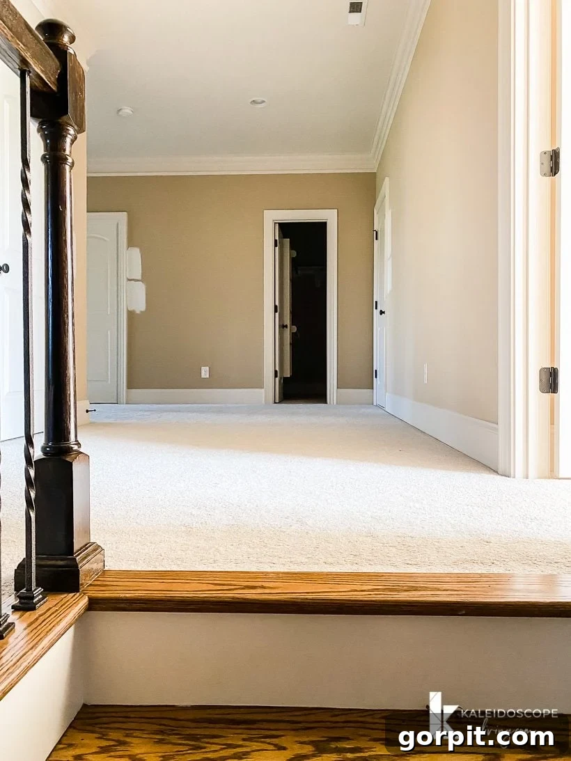 Upstairs hallway before renovation, showing brown walls and beige carpet.