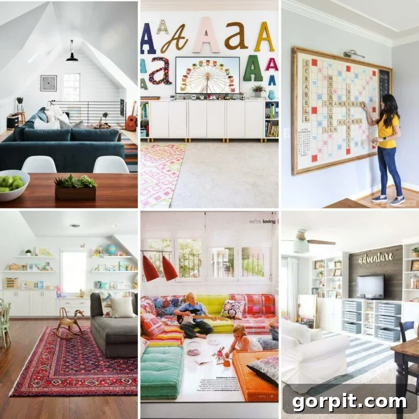 Şık ve Kullanışlı Ek Odalar: Aileler İçin Dekorasyon Fikirleri 2 Inspiring family bonus room ideas collage featuring various design styles and functional zones for family entertainment and relaxation, highlighting diverse decor and versatile layouts