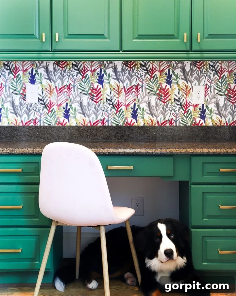 desk with wallpaper and green painted cabinets