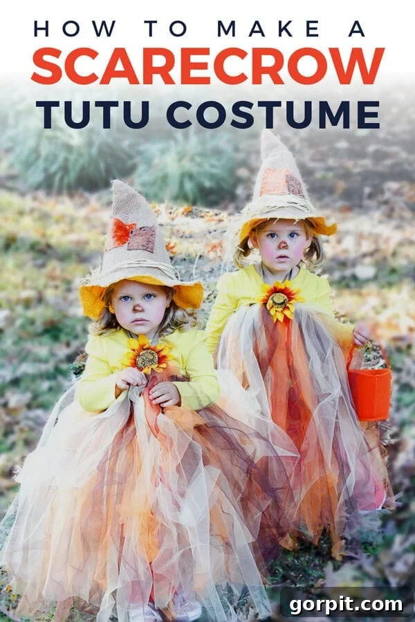 Adorable DIY scarecrow tutu costume for a little girl, perfect for Halloween.