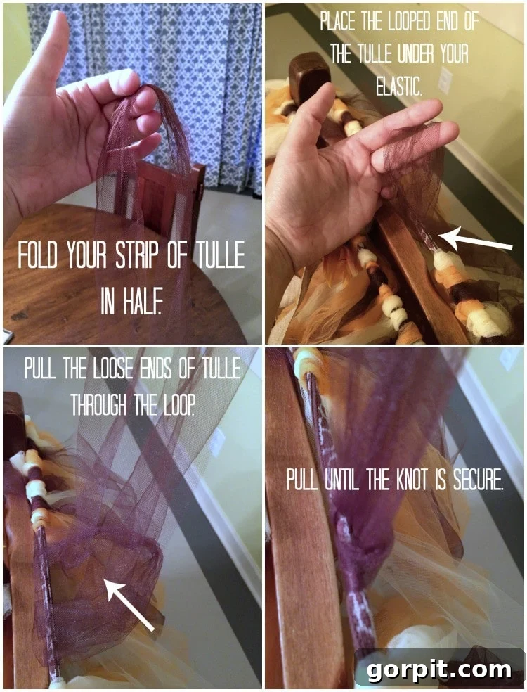 Close-up step-by-step image demonstrating how to tie tulle strips onto an elastic band for a scarecrow tutu costume.