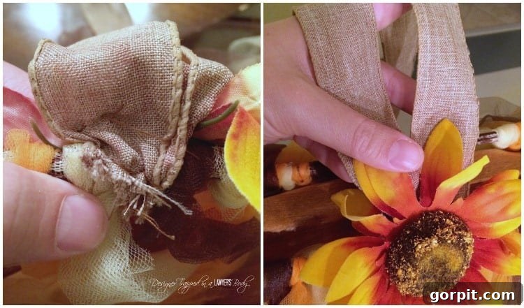 Showing the attachment of burlap halter straps to the elastic waistband of a scarecrow tutu costume.