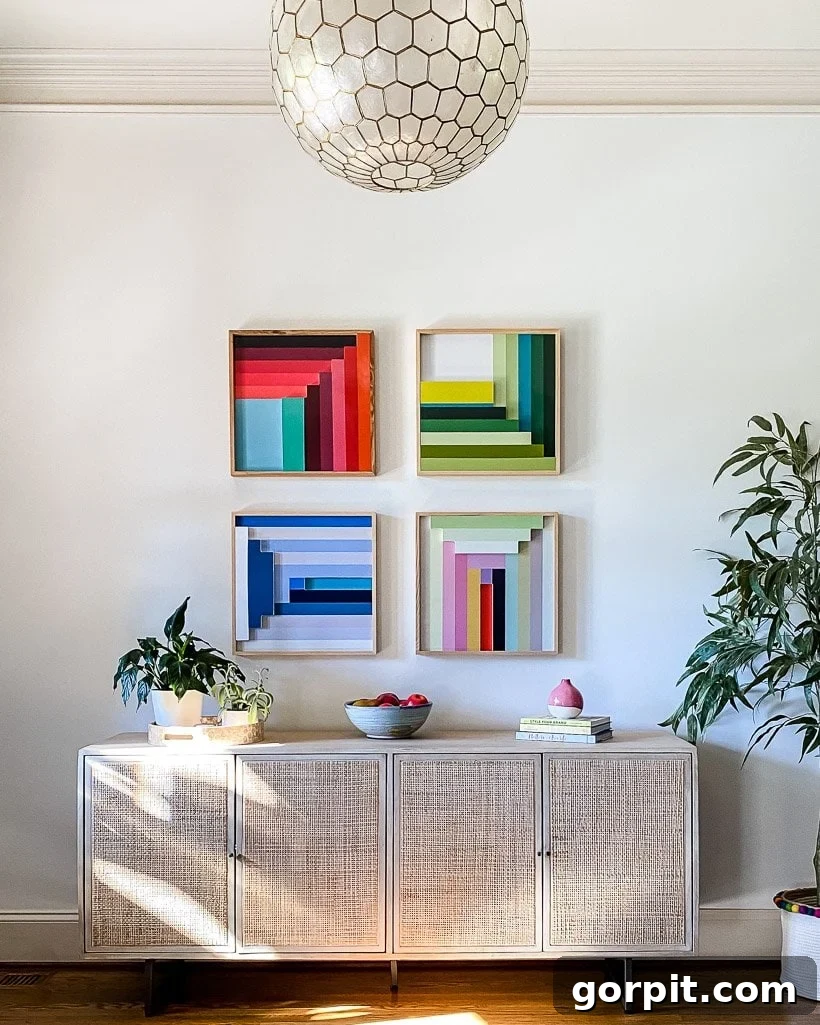 The Art of Grand Scale Elevate Your Home with Oversized Decor and Sourcing Secrets 8 A bold and colorful graphic art piece hanging in a modern entryway, adding a vibrant touch to the space.