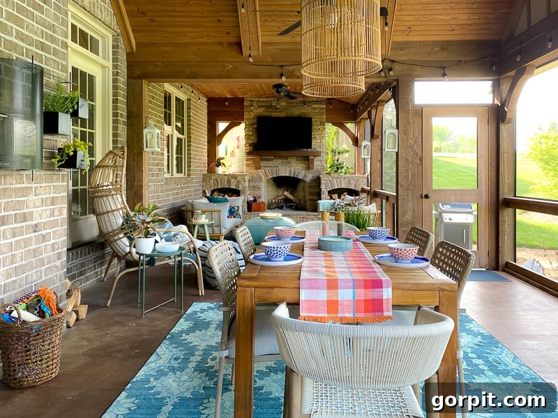 A vibrant and comfortable covered patio with a functional dining table and chairs, perfect for regular outdoor meals and relaxation.