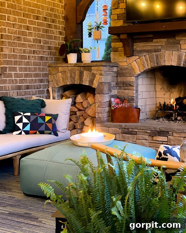 A cozy screened-in porch with a fireplace, adorned with various potted plants that add life and texture to the space.