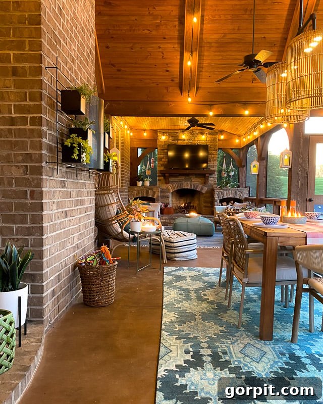 A screened-in porch at night, beautifully lit with string lights and ambient fixtures, creating a warm and inviting glow.
