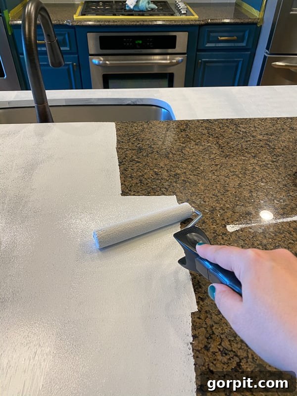painting granite countertops with primer by Tasha Agruso of Kaleidoscope Living