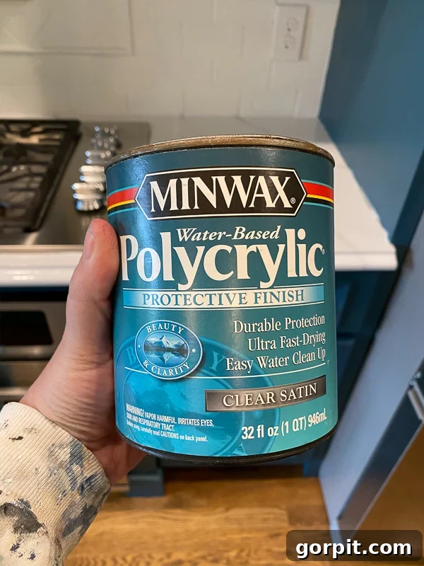 minwax polycrylic applied to kitchen countertops for a honed finish by Tasha Agruso of Kaleidoscope Living