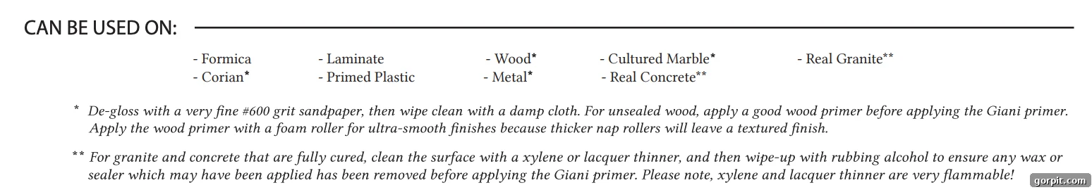 Giani countertop paint preparation chart for different surfaces
