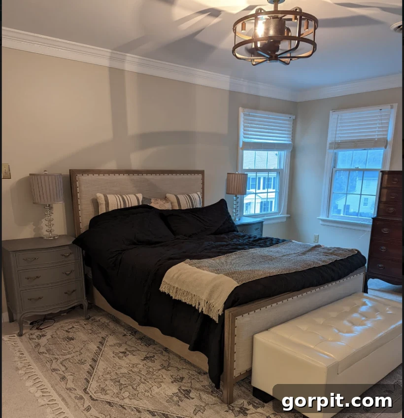 Before: Simple, sparsely decorated bedroom lacking warmth and personalized touches.