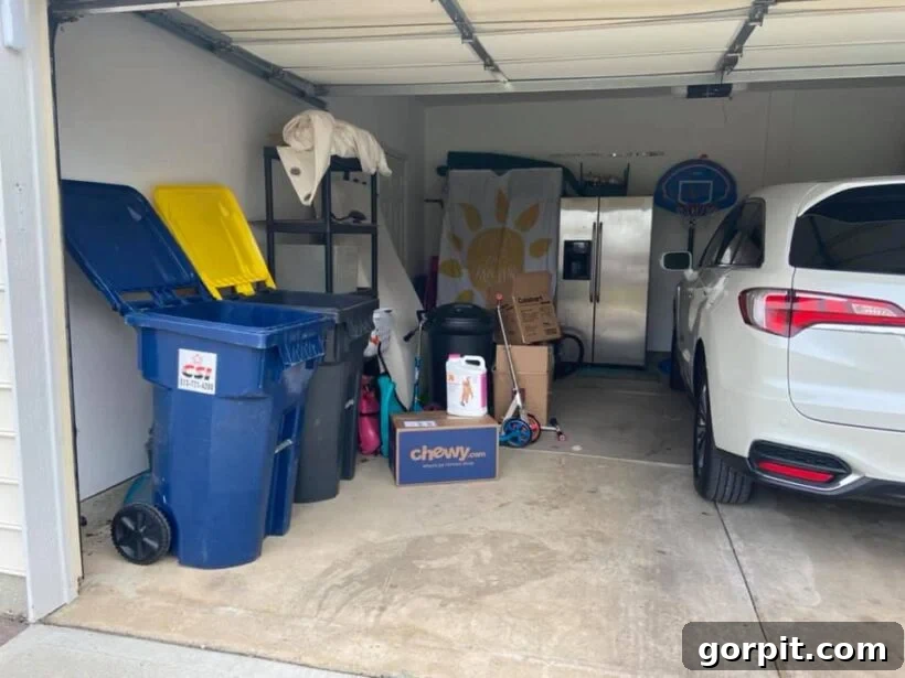Before: Disorganized and uninviting garage space, used primarily for storage and lacking aesthetic appeal.