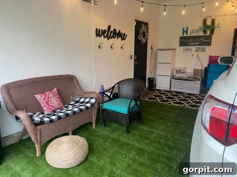 After: Bright and functional garage transformed into an extended living space with comfortable seating, plants, and a welcoming ambiance.