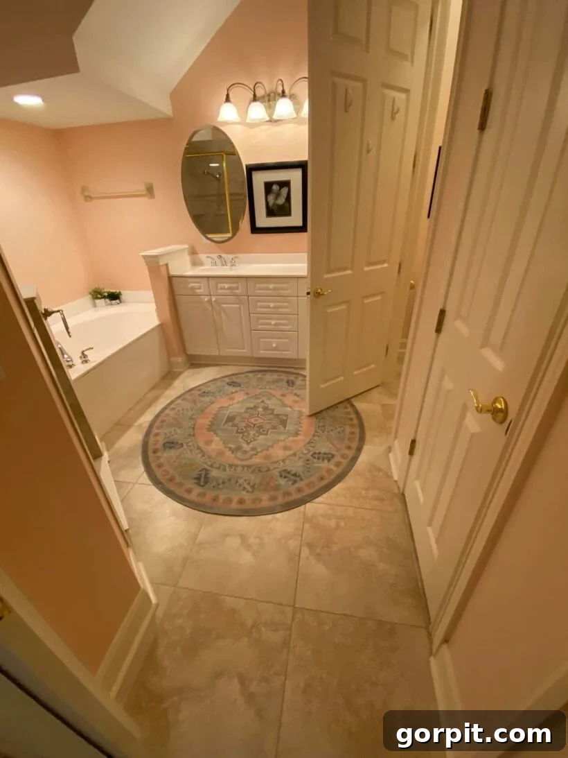 Before: Plain bathroom with standard fixtures and finishes, lacking unique design elements.