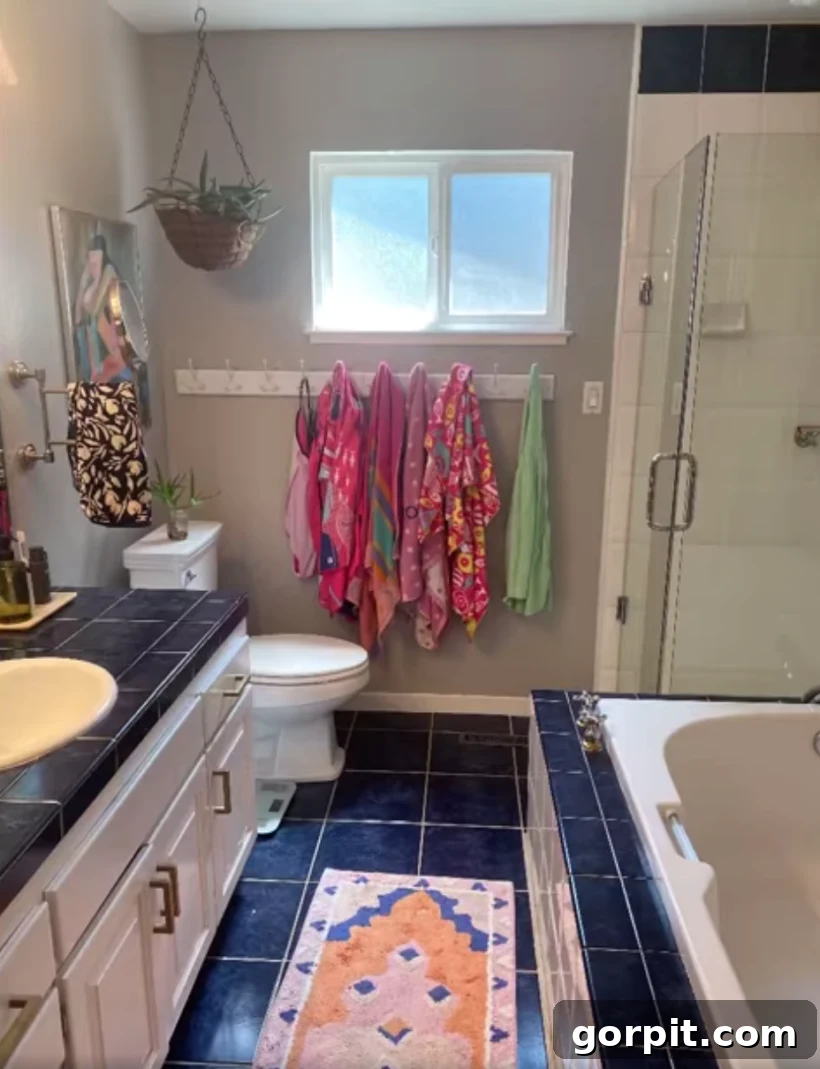Before: Simple bathroom with plain walls and traditional decor, lacking texture and personalized style.
