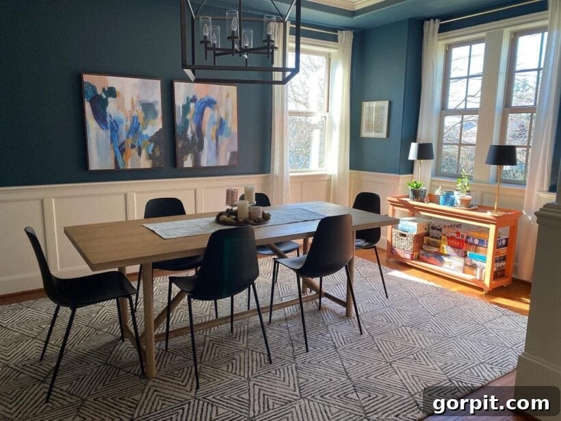 After: Revitalized dining room, maintaining existing furniture but updated with fresh paint, new lighting, and stylish decor, creating a modern and inviting space.