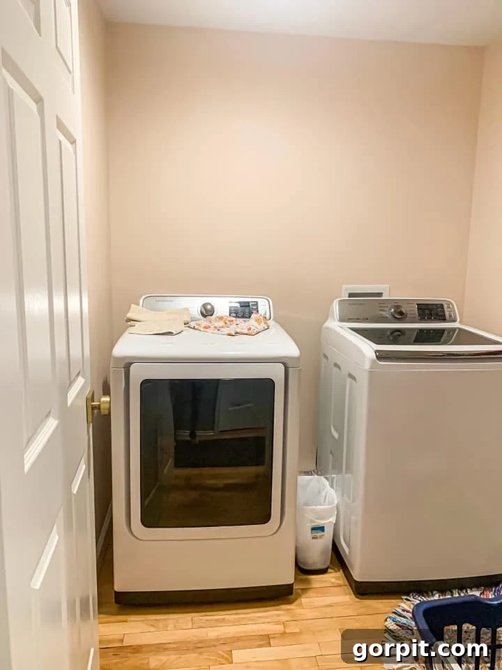 Before: Standard laundry room with plain walls and basic setup, lacking personality.