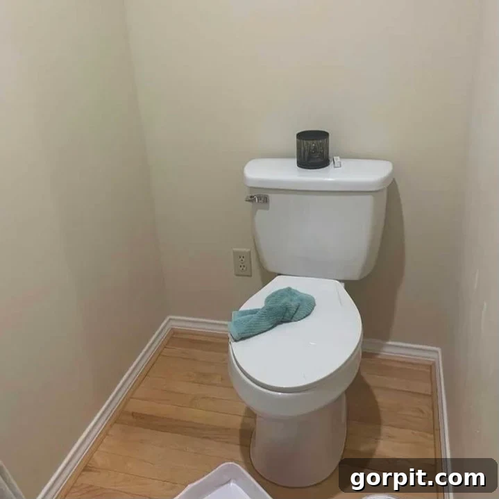 Before: Plain, unrenovated bathroom with basic white walls, lacking color and personalized design.
