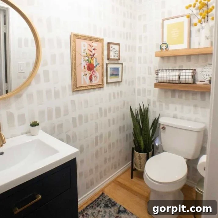 After: Renovated bathroom featuring stunning hand-painted brushstroke walls, creating a unique pattern, complemented by cohesive decor for a warm and inviting space.