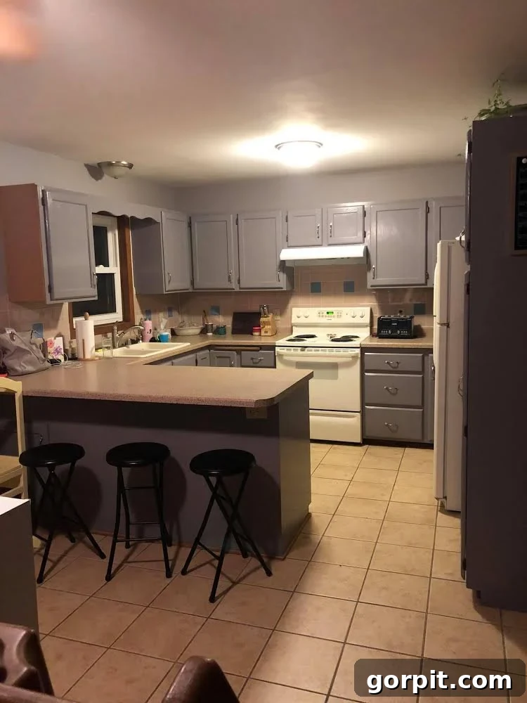 Before: Dark, outdated kitchen with traditional wood cabinets and dim lighting, appearing uninviting.