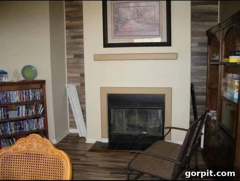 Before: Plain fireplace with a traditional facade, lacking architectural detail or modern finish.