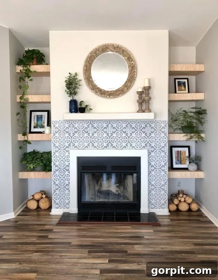 After: Beautiful DIY renovated fireplace featuring elegant new mantel and surround, painted in a modern finish, becoming a stunning focal point.