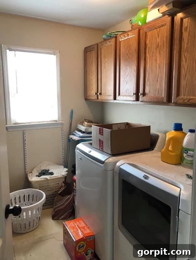 Before: Standard, uninspired laundry room with closed cabinet doors and plain walls, lacking visual appeal.