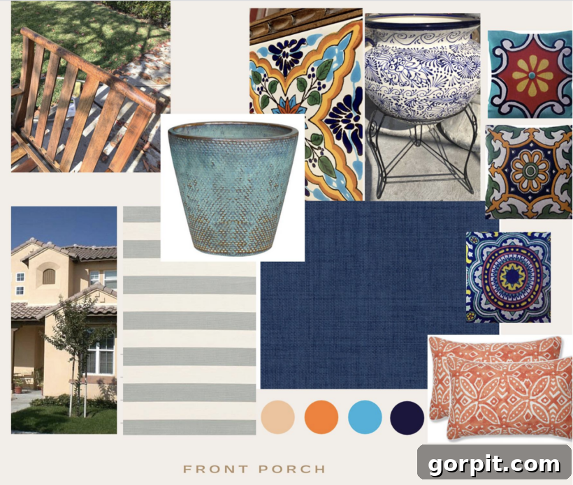 Designer in a Binder customer's mood board, showing a curated collection of furniture, textiles, and decor elements for an outdoor patio.