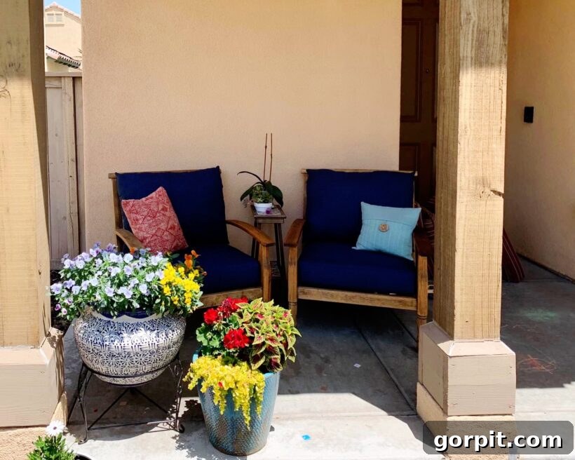 Designer in a Binder® customer's patio transformation, showcasing the realized mood board with stylish outdoor furniture, plants, and cohesive decor.