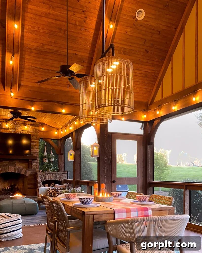 Craft Your Own Outdoor Chandelier 2 colorful outdoor dining area in screened-in-porch with vaulted ceilings and DIY outdoor chandelier