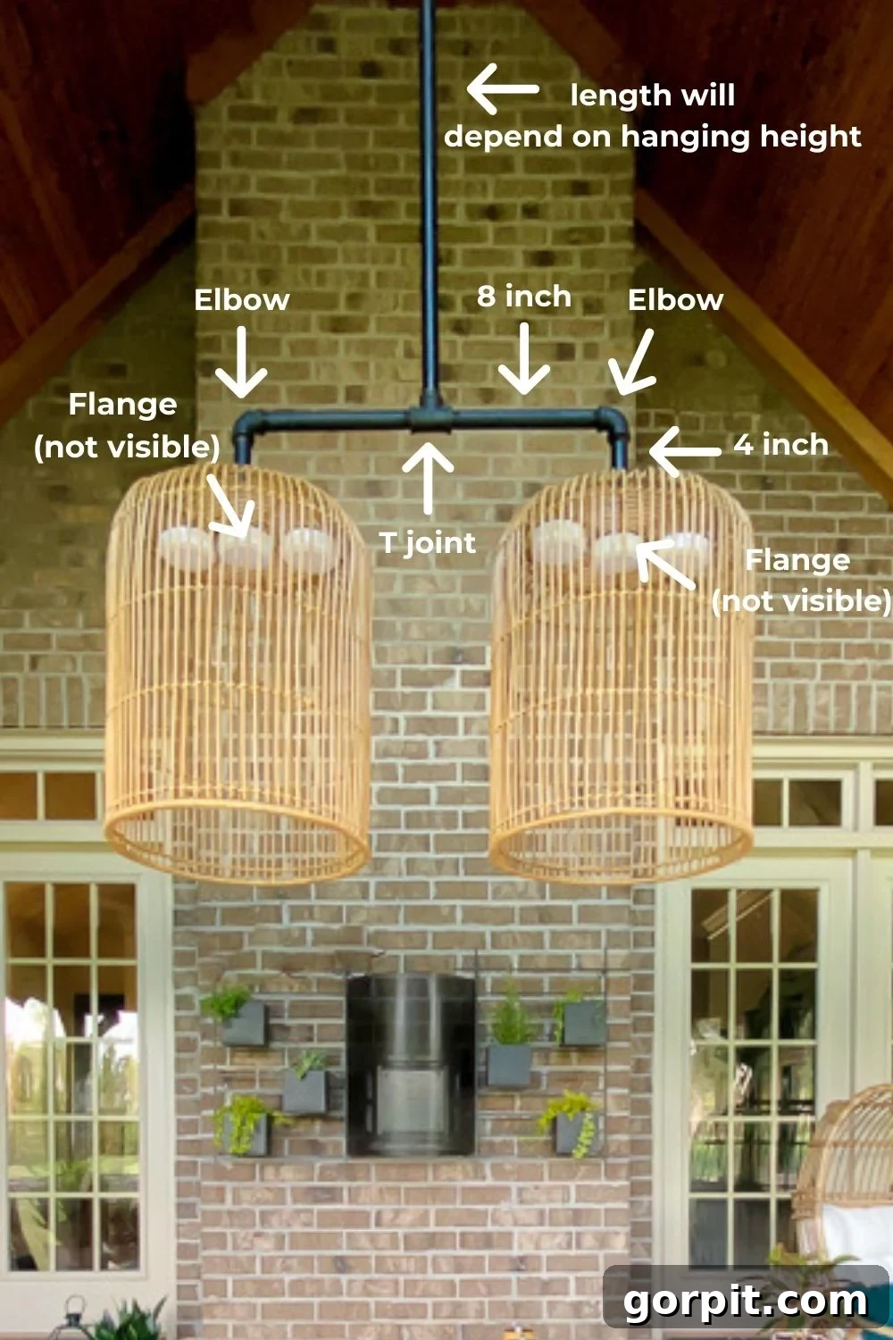 Craft Your Own Outdoor Chandelier 4 Photo with text overlay labeling the pieces needed to assemble a DIY outdoor chandelier made out of large baskets