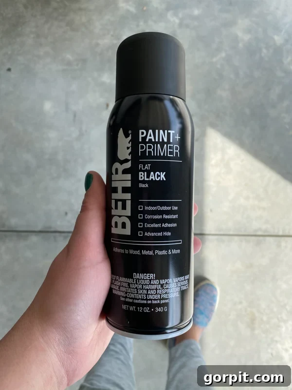 Craft Your Own Outdoor Chandelier 5 woman holding can of black Behr spray paint