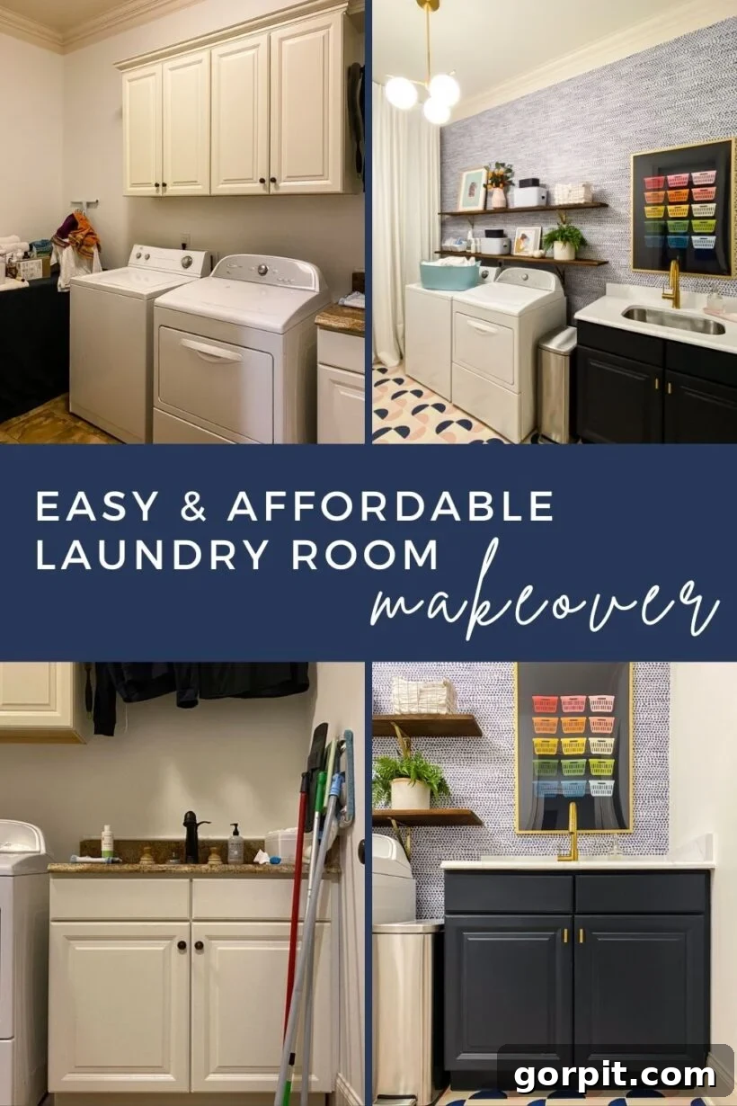 affordable laundry room makeover with colorful accents and modern design