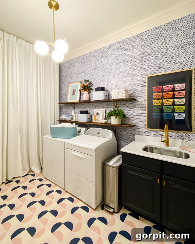 fun and colorful laundry room design with wallpaper