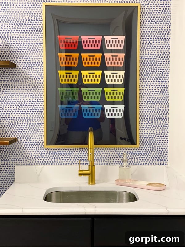 colorful laundry room makeover with plants and organized shelves
