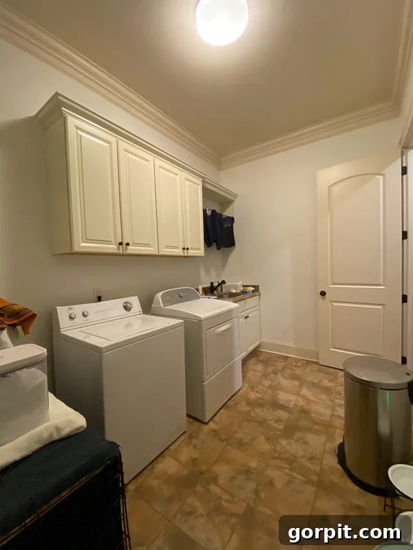 outdated laundry room before makeover - blank wall with dog crate