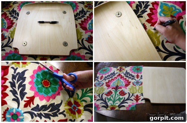Tracing a chair seat onto fabric, showing the excess for decoupage