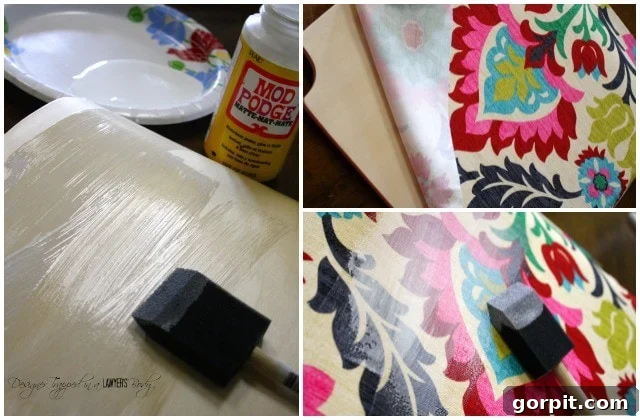Applying fabric to a wooden chair seat with Mod Podge