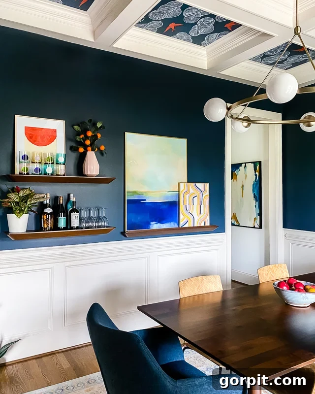 Harmonious Hues: A Journey Through Our Vibrant Art Collection 4 dining room wall with ledge and shelves