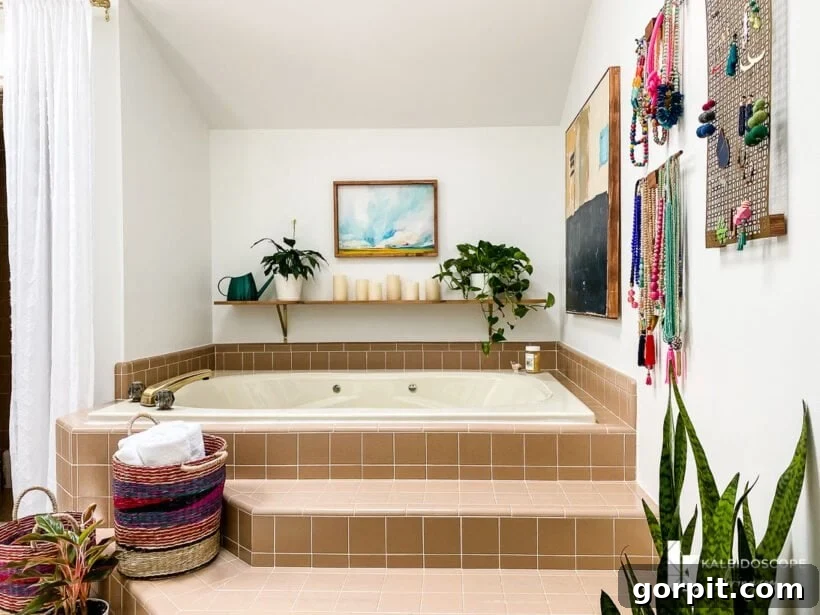 Curated Art for Modern Bathrooms 4 brown tile bathroom with colorful accents