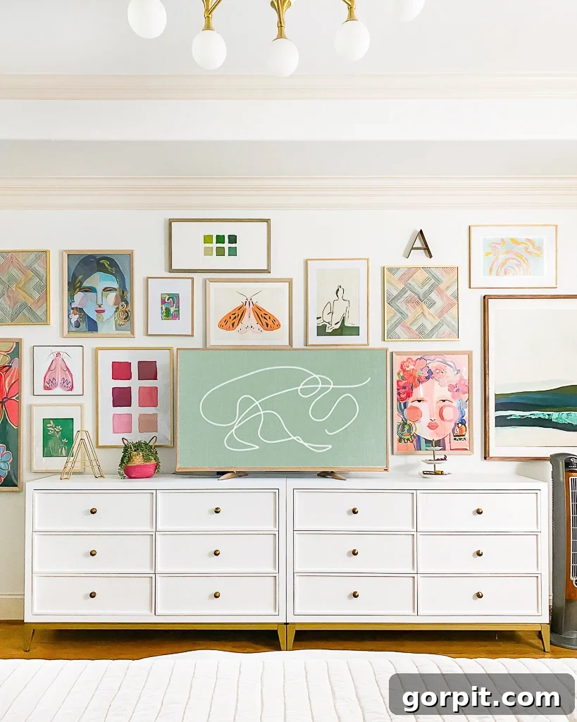 Transform Your Smart TV Into a Personalized Art Gallery 4 bedroom gallery wall with digital art displayed on TV by Tasha Agruso of Kaleidoscope Living