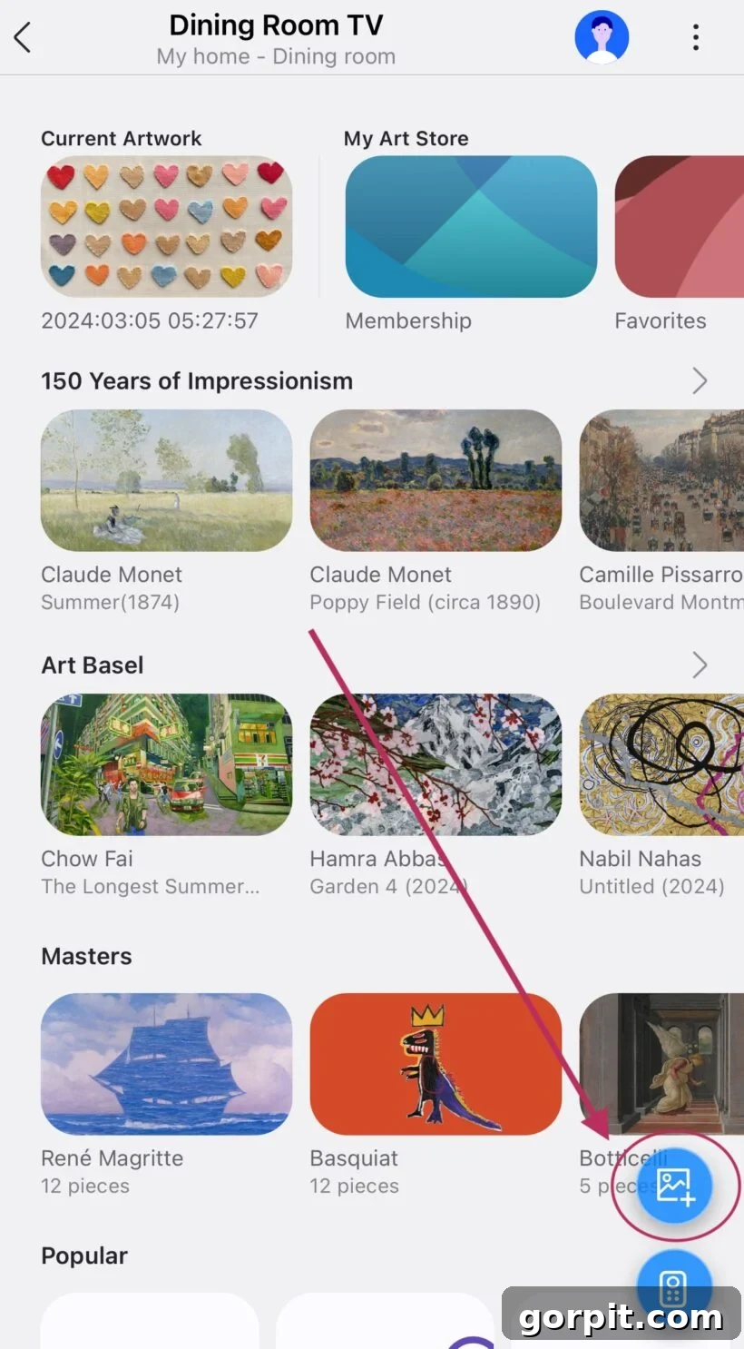 Transform Your Smart TV Into a Personalized Art Gallery 7 screenshot showing icon to add photos/images to Samsung Smart Things App to use ambient mode to display art on TV