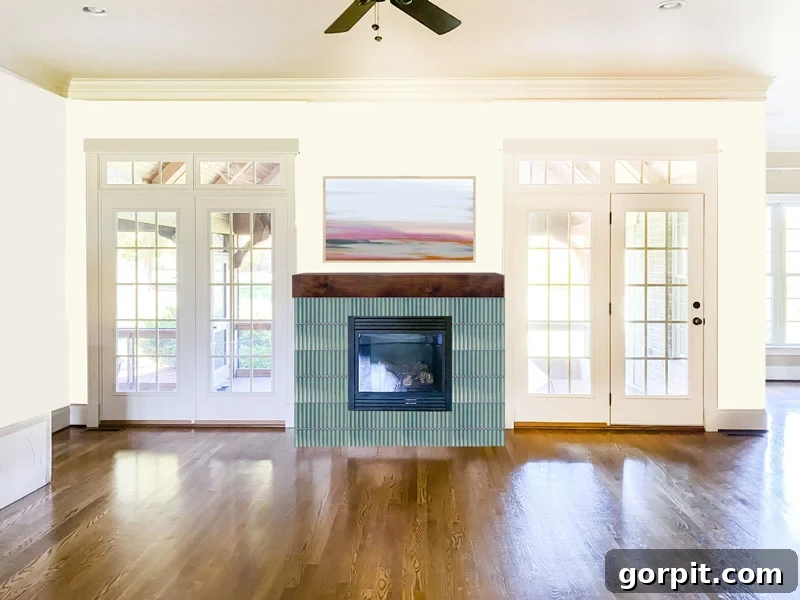 Fireplace mockup with a 'kit kat' shaped tile, showing a debated design choice