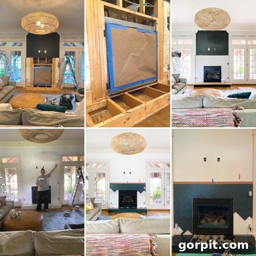 Progression photos of a fireplace renovation showing demolition, framing, and tile installation stages