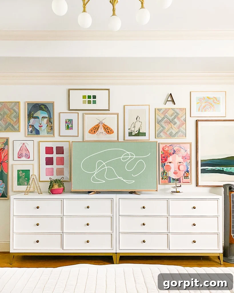 Bright and airy primary bedroom with green velvet curtains