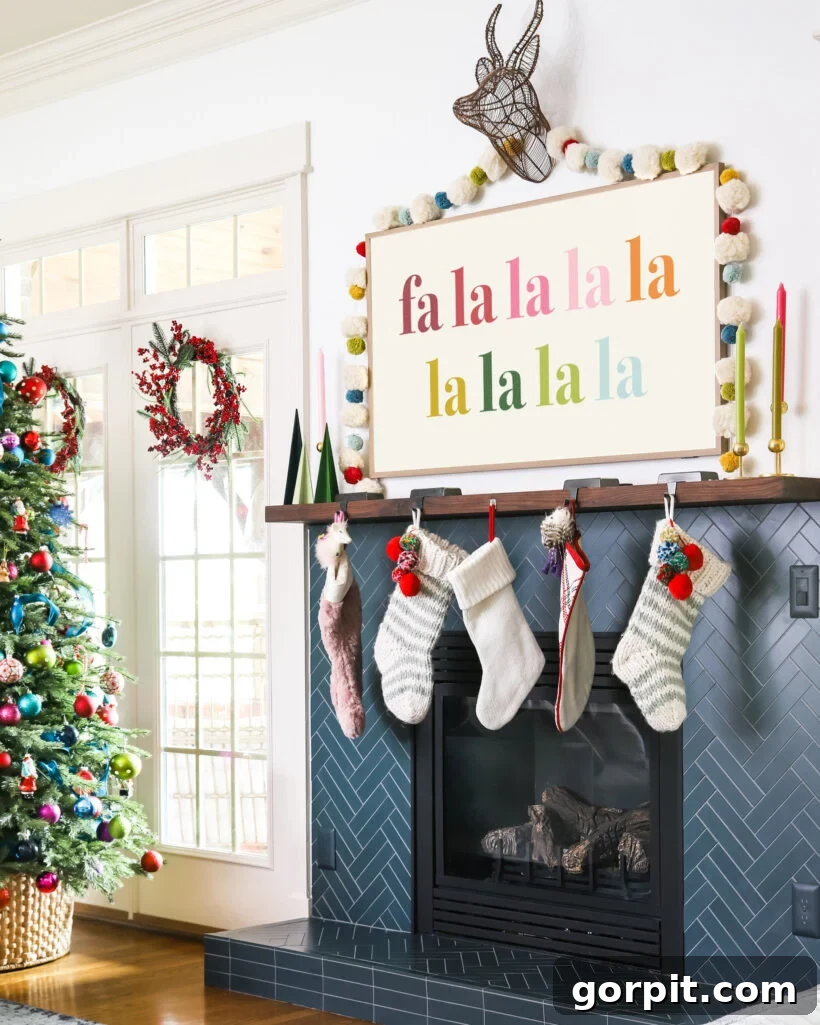 Samsung Frame TV displaying vibrant digital Christmas art as part of a festive holiday decor setup.