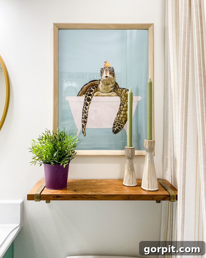 Avery Transforms A Bathroom For Less 13 Whimsical turtle poster in Avery's renovated bathroom
