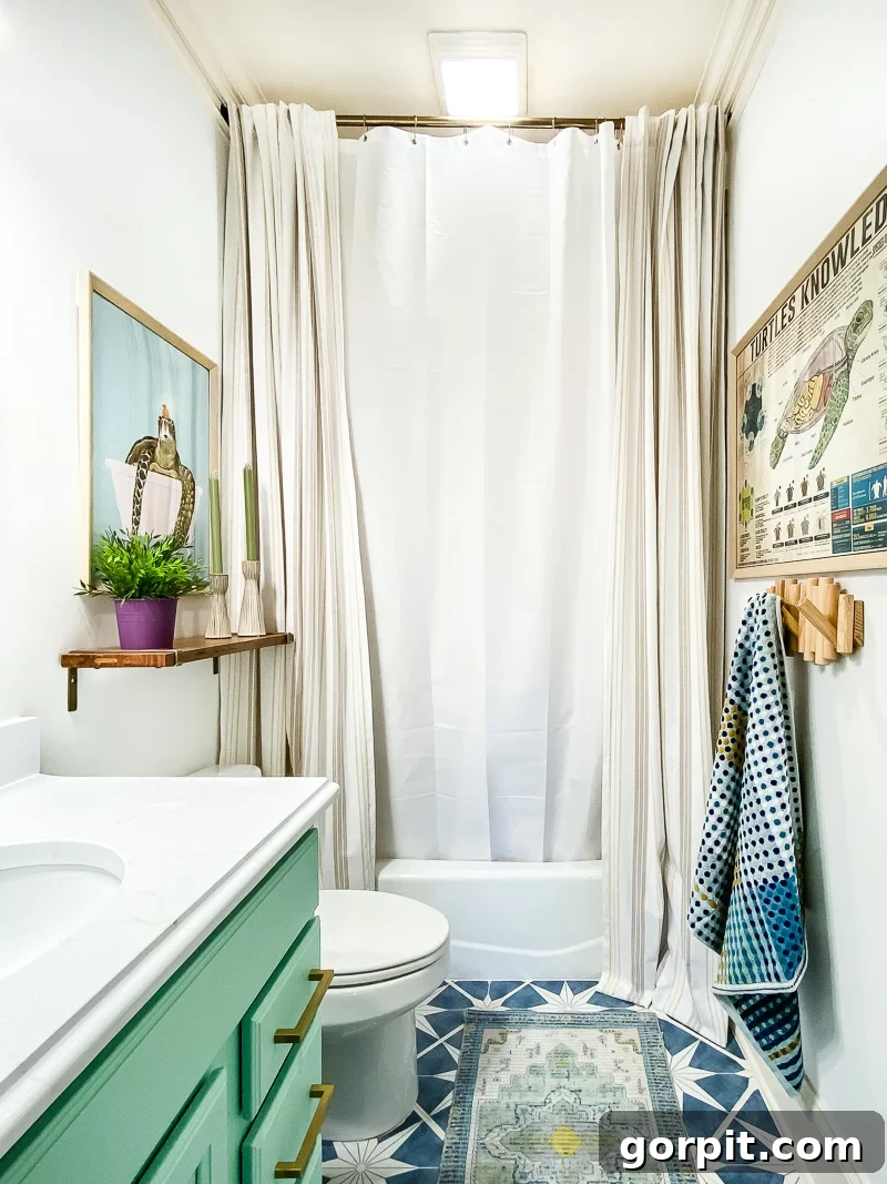 Avery Transforms A Bathroom For Less 6 Revealed budget-friendly bathroom makeover with vibrant decor